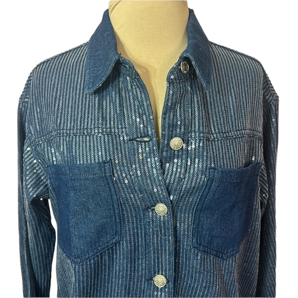 L | C Collection Blue Denim Long Sleeve Sequence Shirt - Picture 2 of 6